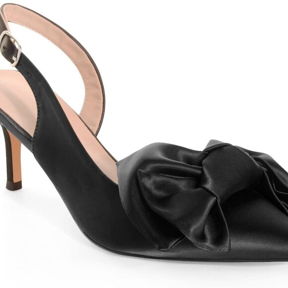 Shoes - Women’s Satin Kitten Heels Leather Inner Bow Slingback Pointed Toe